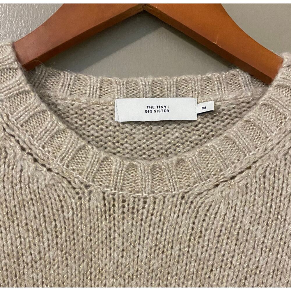 The Tiny Big Sister Crewneck Sweater S/M Cream Beige Glitter Fisherman Cottage - Picture 6 of 10